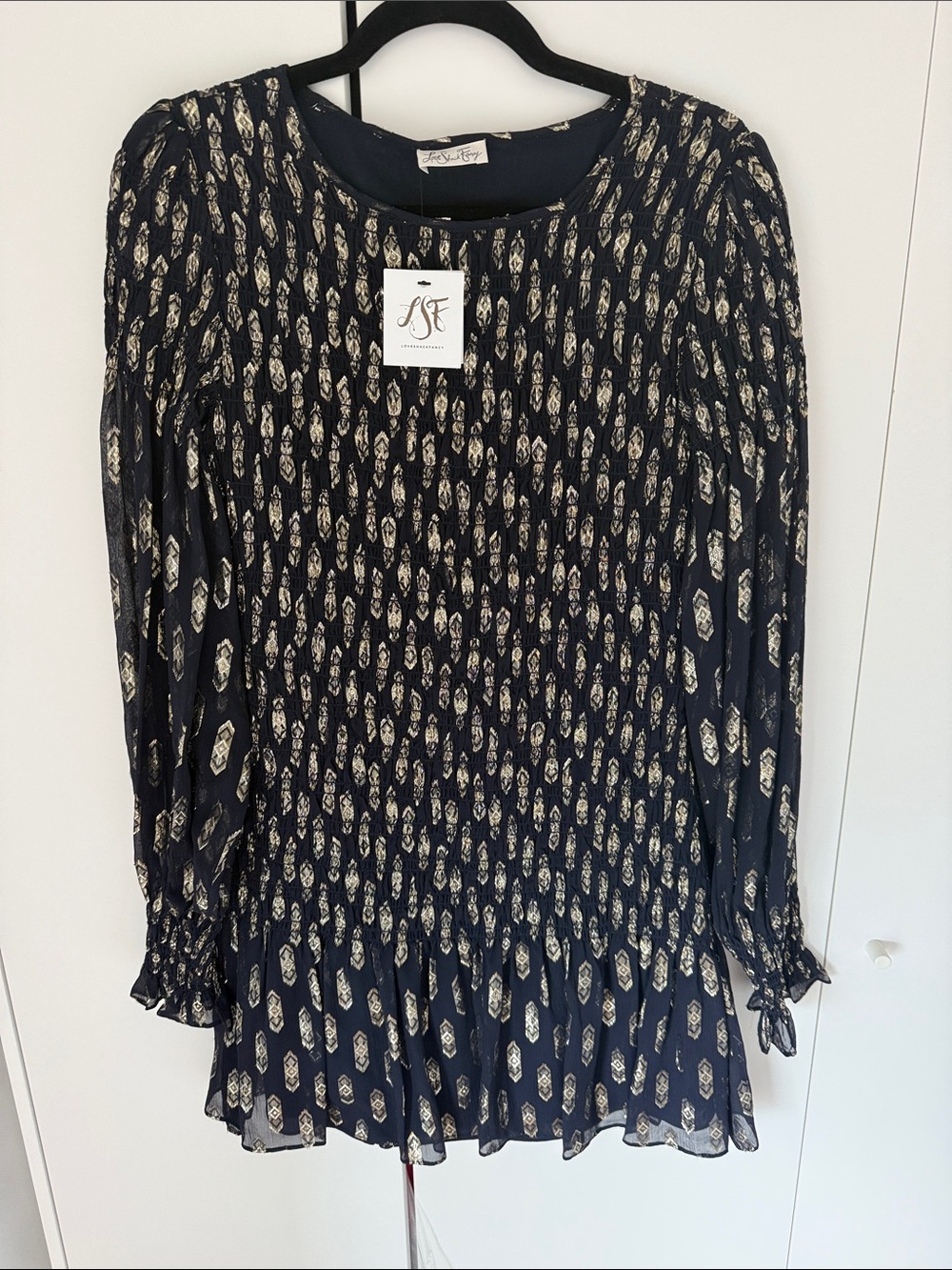 LoveShackFancy Navy and gold Printed mini dress size M